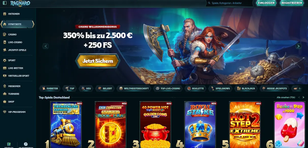 Übersicht der Ragnaro-Casino-Lobby mit Spielkategorien