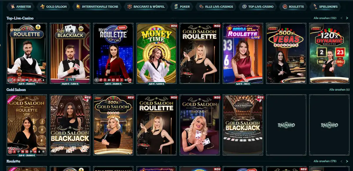Live-Casino-Bereich von Ragnaro mit echten Dealern