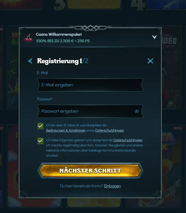 Registrierungsformular von Ragnaro für neue Spieler