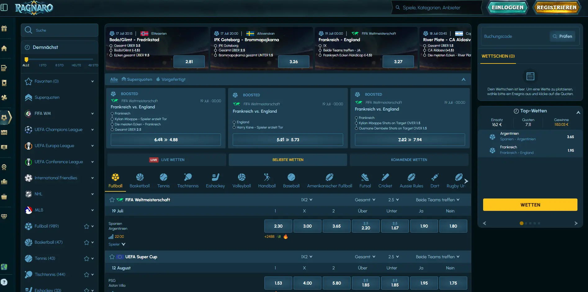 Sportwetten-Bereich von Ragnaro mit aktuellen Events